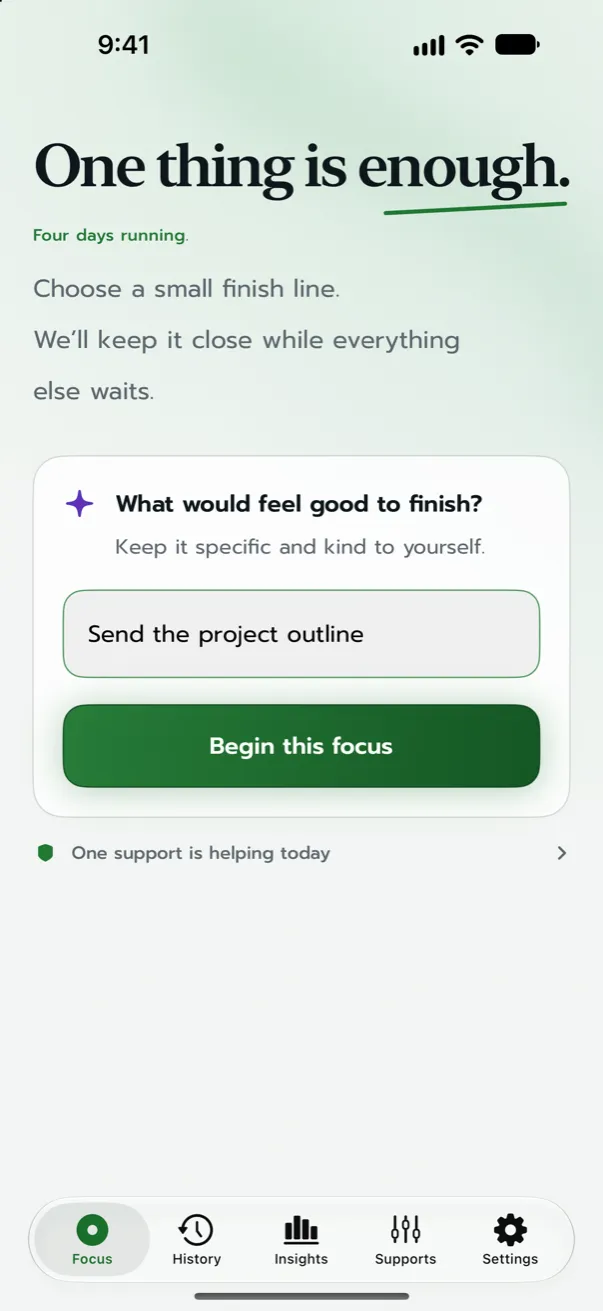 Task Focus Focus tab with the task ‘Send the project outline’ typed in and a Begin this focus button